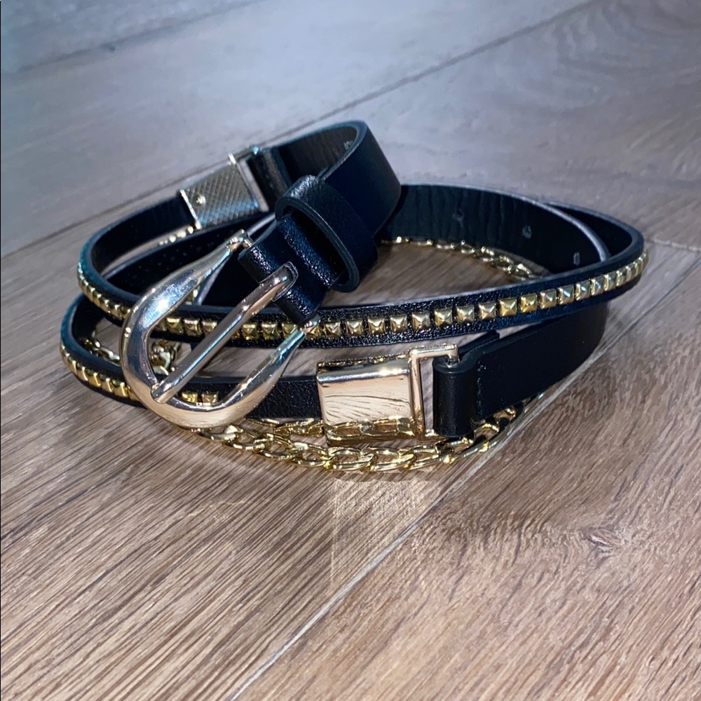 Black and Gold Faux Leather Belt with Studs and Chain